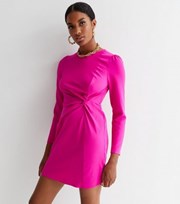 New Look Bright Pink Twist Front Long Sleeve Mini Dress